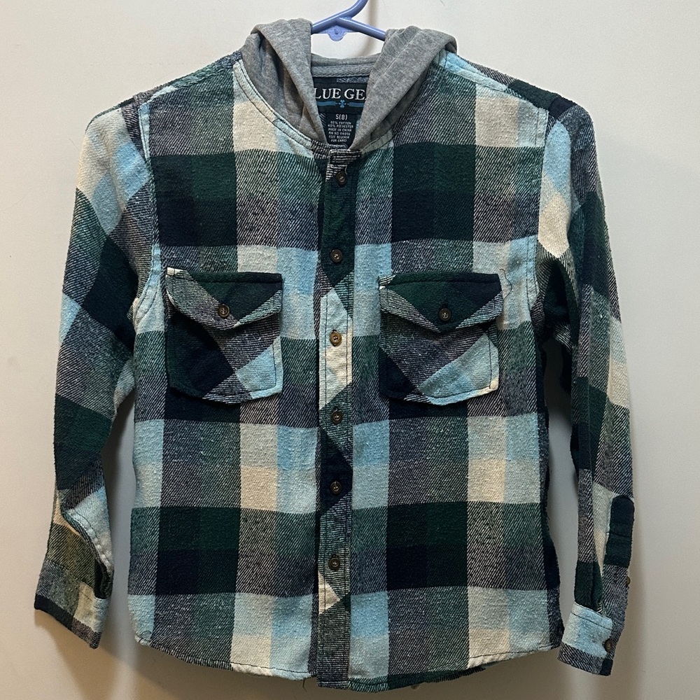 Very Handsome Plaid Hooded Kids Shirt - Blue and Green Size 8